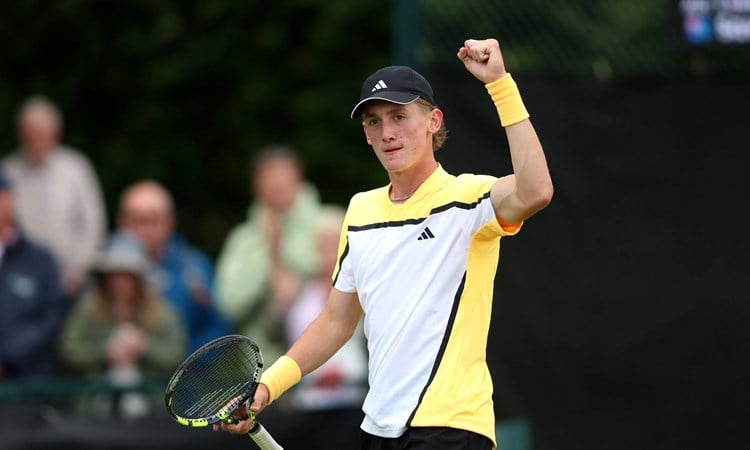Henry Searle celebrates his first main draw win at the Rothesay Open Nottingham