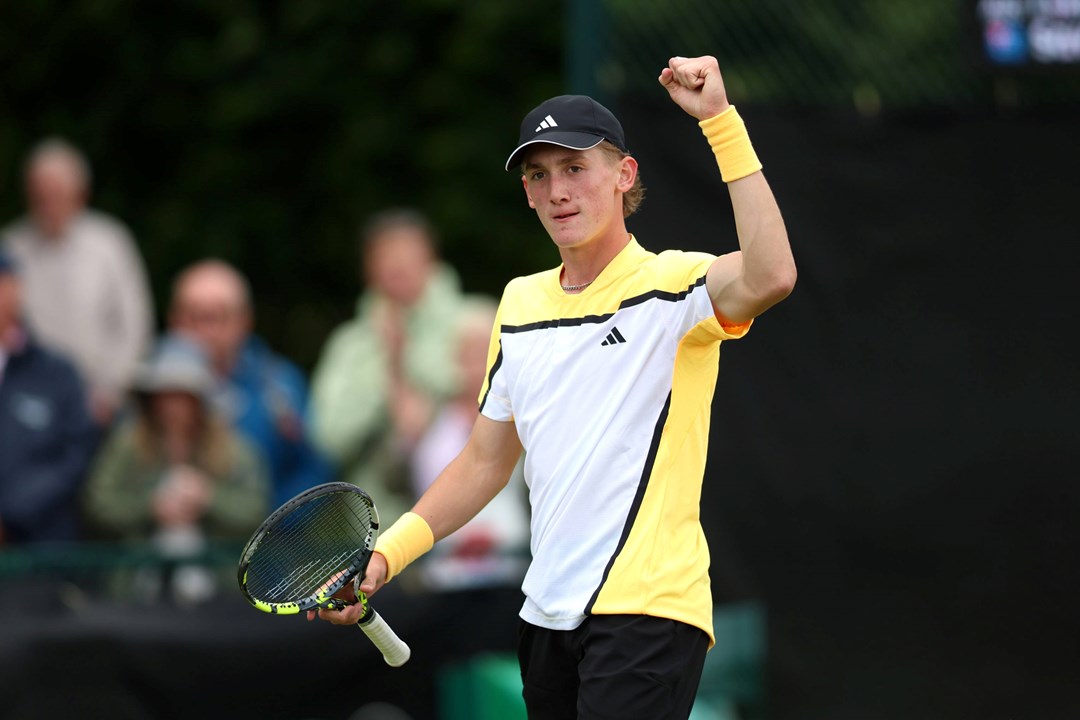 Henry Searle celebrates his first main draw win at the Rothesay Open Nottingham