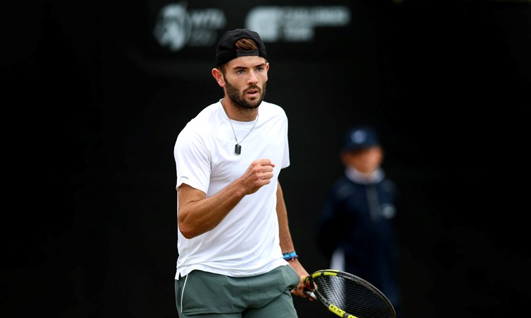 Jake Fearnley gives a fist pump during his first round match at the Rothesay Open Nottingham