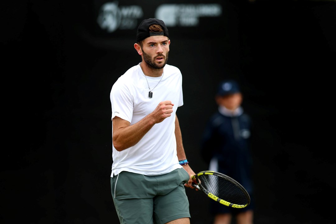 Jake Fearnley gives a fist pump during his first round match at the Rothesay Open Nottingham