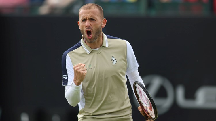Dan Evans gives a roar after beating Henry Searle at the Rothesay Open Nottingham
