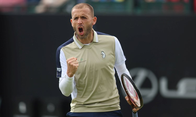 Dan Evans gives a roar after beating Henry Searle at the Rothesay Open Nottingham