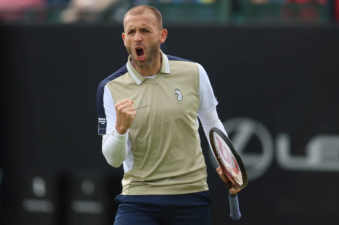 Dan Evans gives a roar after beating Henry Searle at the Rothesay Open Nottingham