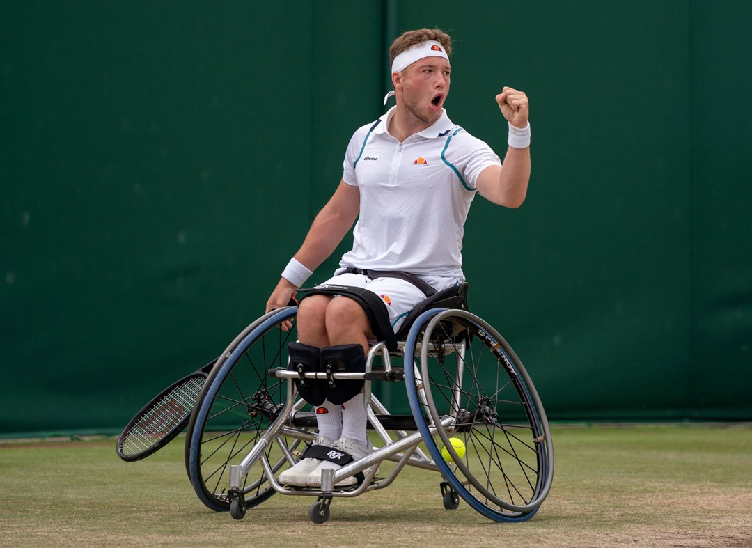 Alfie Hewett celebrates winning a point at Wimbledon 2021