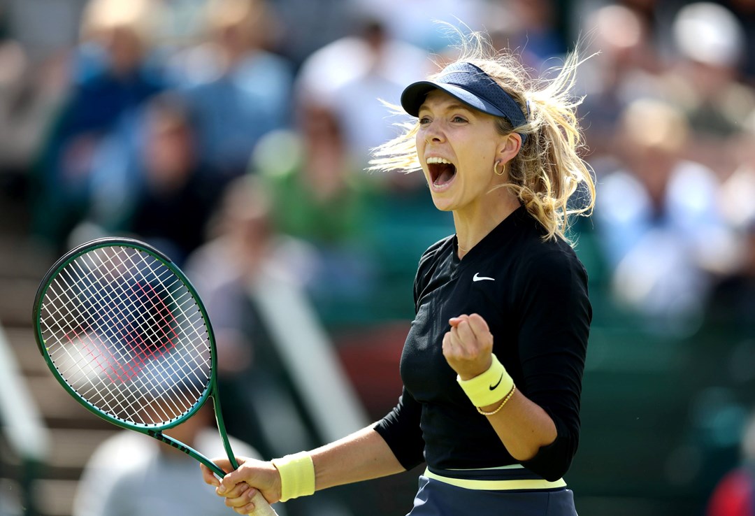 Katie Boulter celebrates a win over Emma Raducanu at the Rothesay Open Nottingham