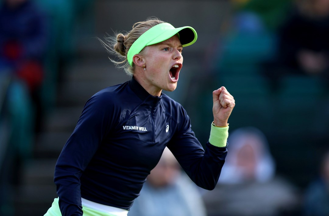 Harriet Dart of Great Britain celebrates against Katie Boulter of Great Britain during the Women's Round of 32 match on Day One of the Rothesay Open Nottingham at Lexus Nottingham Tennis Centre on June 10, 2024 in Nottingham, England.