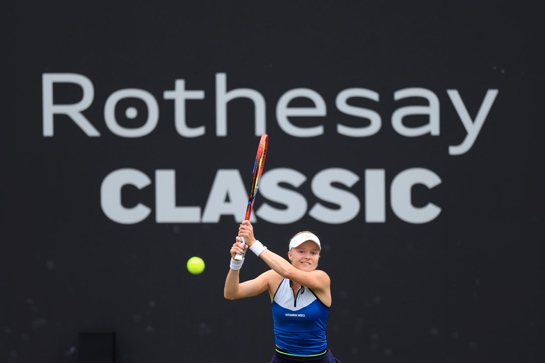 Harriet Dart in action during her opening match against Jodie Burrage at the 2023 Rothesay Classic Birmingham