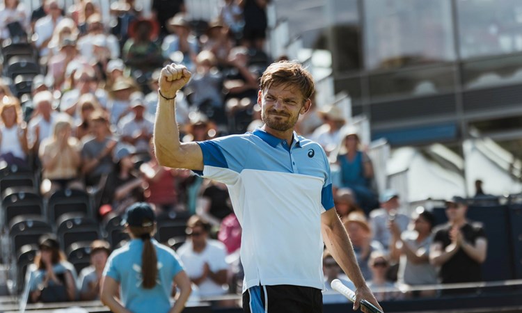 David Goffin gives a fist pump in celebration at the Lexus Ilkley Trophy