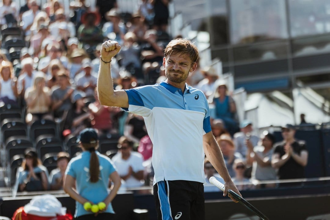 David Goffin gives a fist pump in celebration at the Lexus Ilkley Trophy