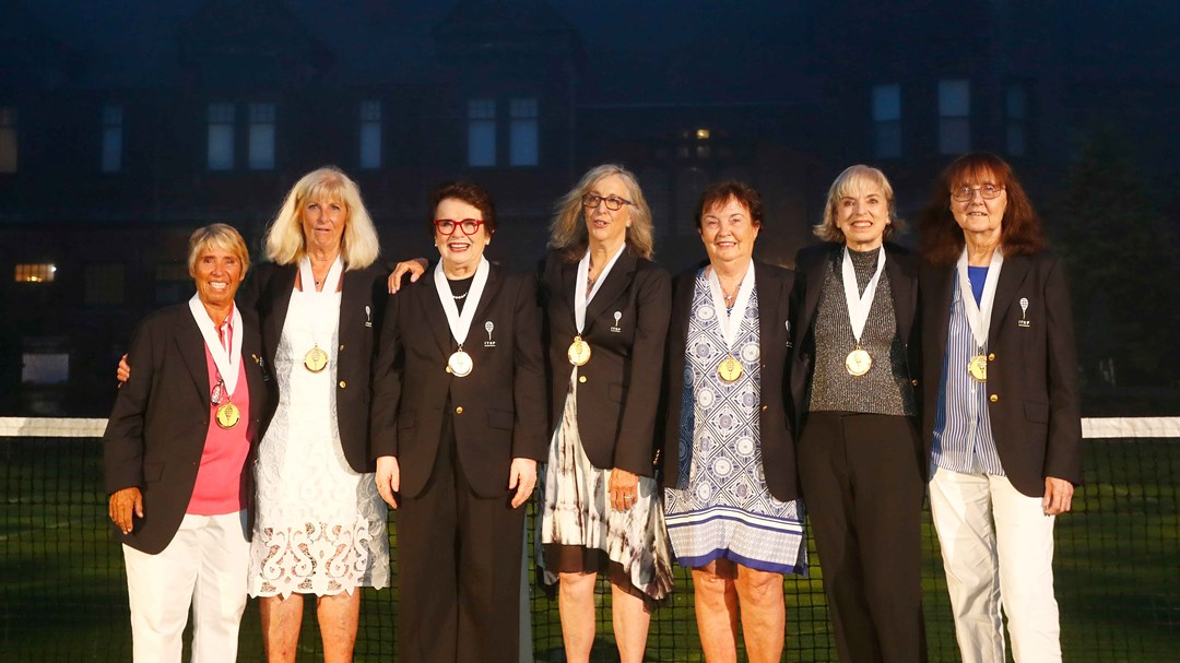 Rosie Casals, Valerie Ziegenfuss, Billie Jean King, Kristy Pigeon, Kerry Melville Reid, Julie Heldman and Peaches Bartkowicz - the original nine - all lined up together 