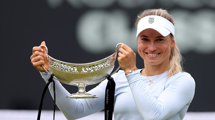 Yulia Putintseva of Kazakhstan poses for a photo with the Maud Watson trophy following victory against Ajla Tomljanovic of Australia in the Women's Singles Final match on Day Nine of the Rothesay Classic Birmingham at Edgbaston Priory Club on June 23, 2024 in Birmingham, England.