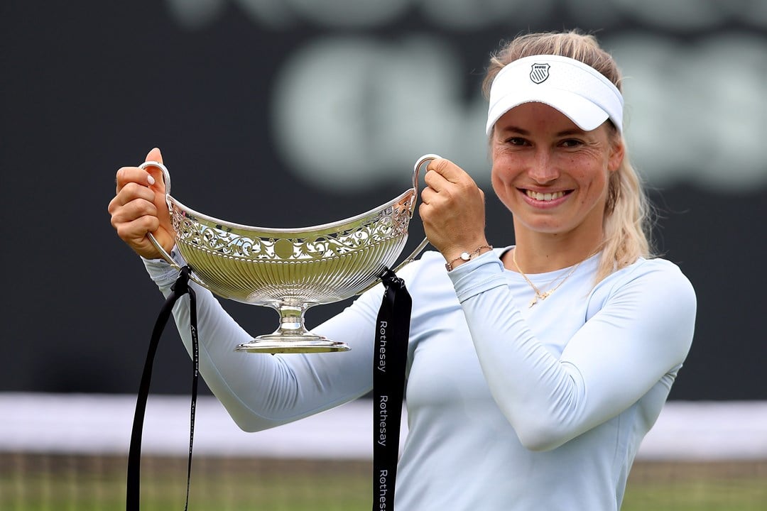 Yulia Putintseva of Kazakhstan poses for a photo with the Maud Watson trophy following victory against Ajla Tomljanovic of Australia in the Women's Singles Final match on Day Nine of the Rothesay Classic Birmingham at Edgbaston Priory Club on June 23, 2024 in Birmingham, England.