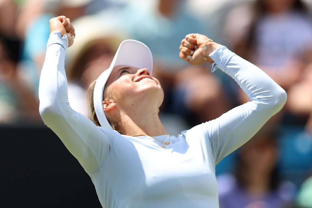 Yulia Putintseva of Kazakhstan celebrates winning championship point against Ajla Tomljanovic of Australia following the Women's Singles Final match on Day Nine of the Rothesay Classic Birmingham at Edgbaston Priory Club on June 23, 2024 in Birmingham, England. 