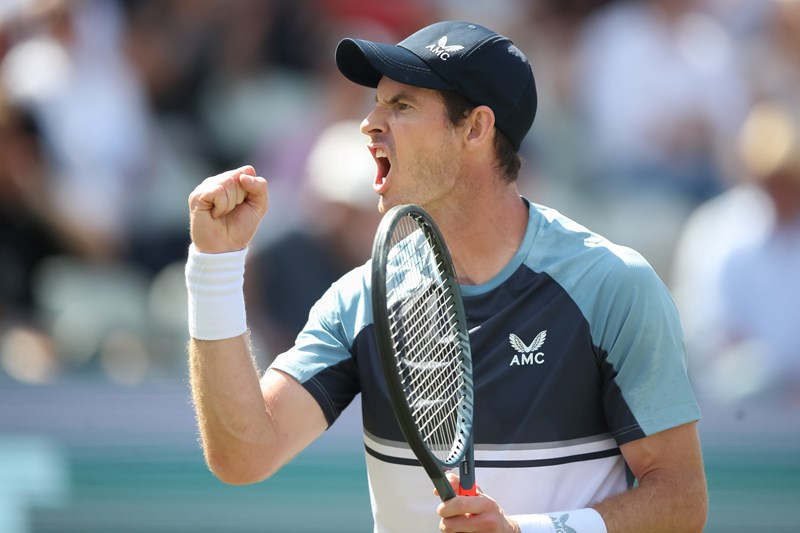 Andy Murray celebrating match point after defeating world No.6 Stefanos Tsitsipas in the quarter-finals of the BOSS OPEN in Stuttgart 