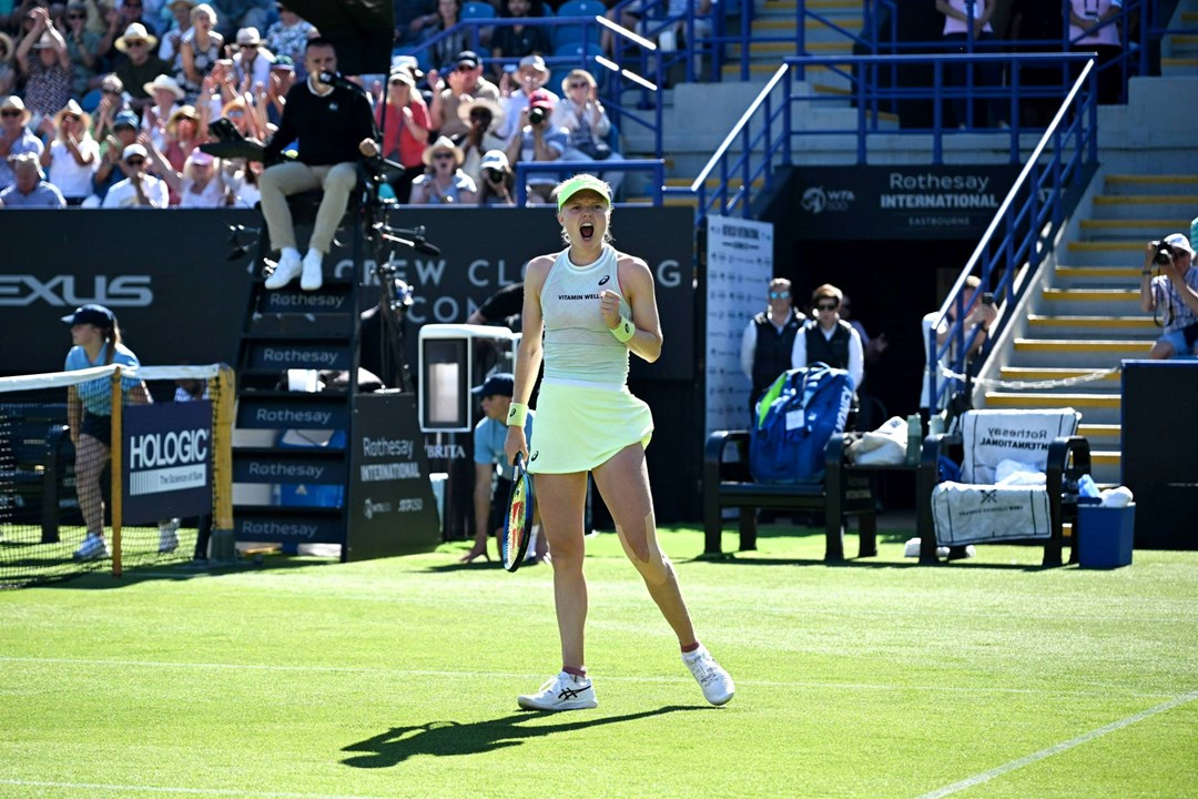 Harriet Dart cheers on court after beating Marie Bouzkova in Eastbourne