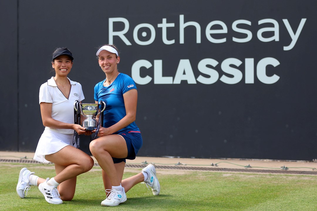 Elise Mertens (R) of Belgium and partner, Hsieh Su-wei of Taiwan pose for a photo with the Joan Fry Cup after victory against Zhang Shuai of China and Miyu Kato of Japan in the Women's Doubles Final match on Day Nine of the Rothesay Classic Birmingham at Edgbaston Priory Club on June 23, 2024 in Birmingham, England.