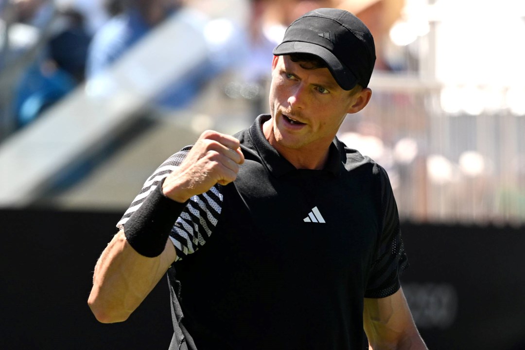 Billy Harris gives a fist pump after winning his first round match at the Rothesay International Eastbourne