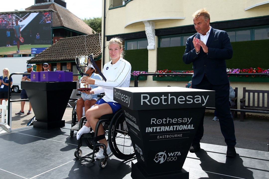 Diede de Groot posing with the trophy after winning the final of the women's single wheelchair final at the Rothesay International Eastbourne