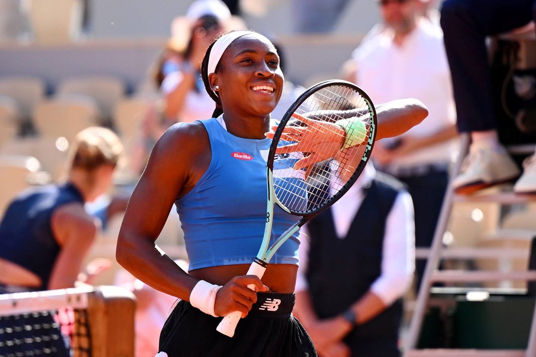 Coco Gauff celebrates a win at the French Open 2023