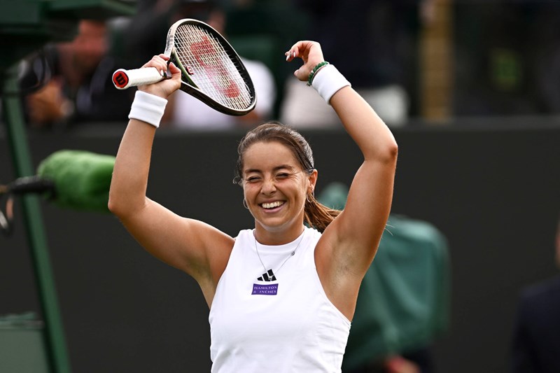 Jodie Burrage cheers after coming through the first round at Wimbledon 2023