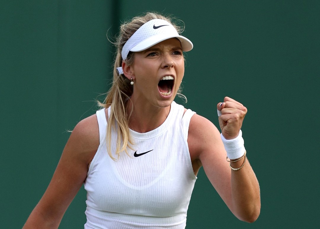 Katie Boulter gives a fist pump in celevration during a first round win at Wimbledon