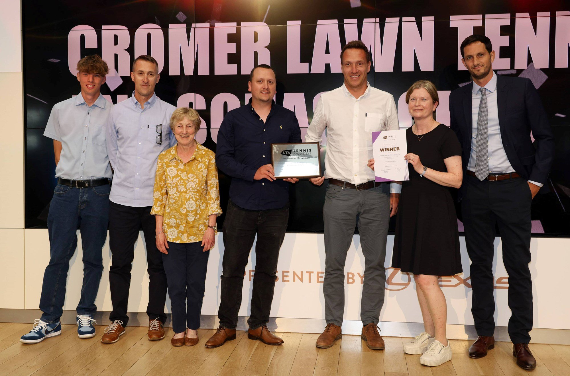 Competition of the Year Award winner Cromer Lawn Tennis and Squash Club with James Ward during the LTA Tennis Awards 2024