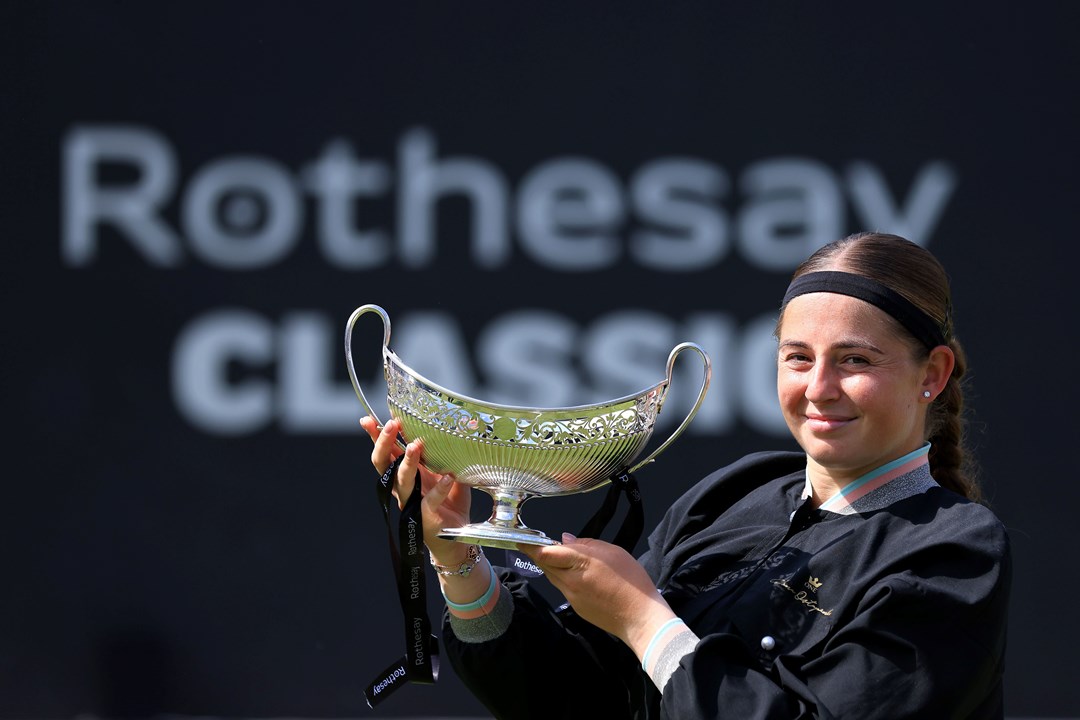 elena Ostapenko of Latvia holds the Maud Watson Trophy after winning against Barbora Krejcikova of Czech Republic in the Women's Singles Final during day nine of the Rothesay Classic Birmingham at Edgbaston Priory Club 