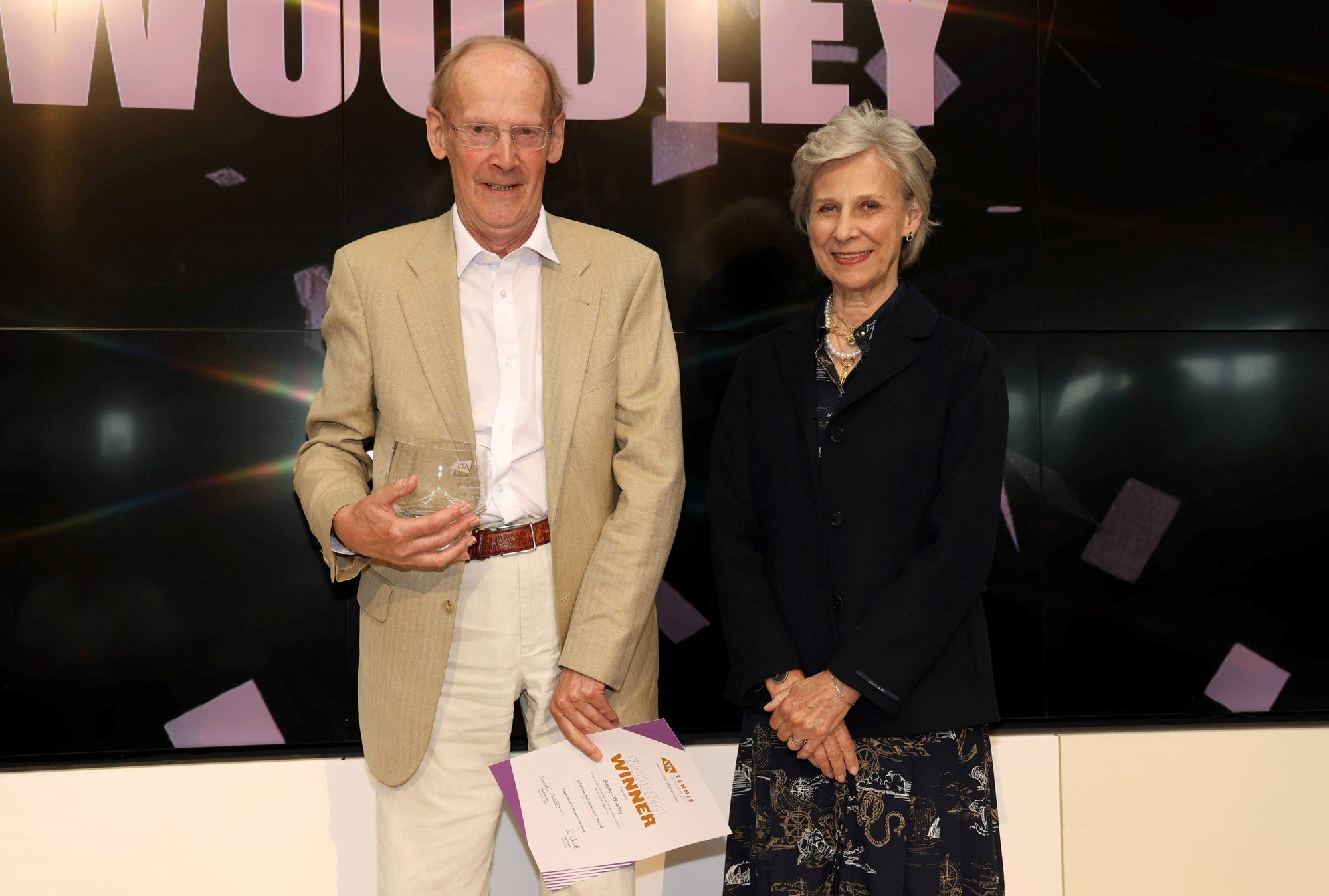 Lifetime Achievement Award Winner Stephen Woodley presented by HRH Duchess of Gloucester during the LTA Tennis Awards 2024