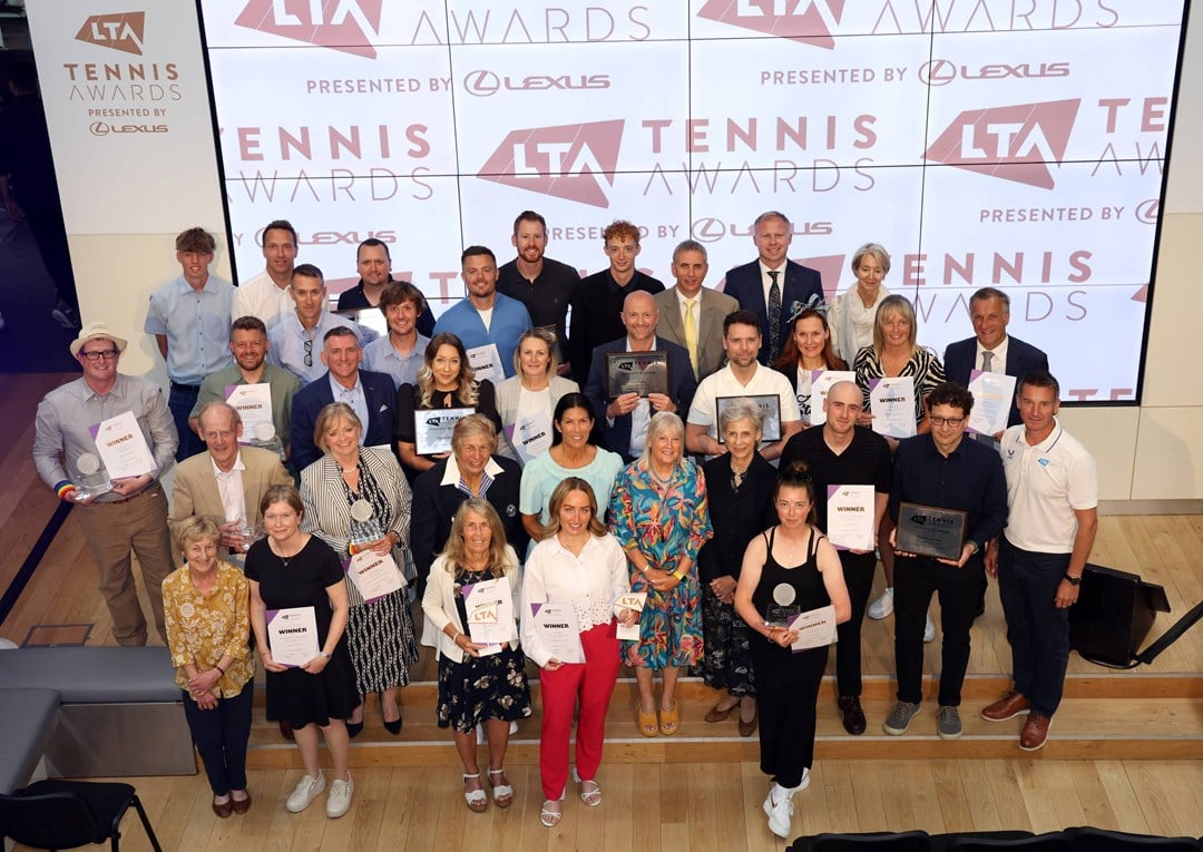 A group photo of the 2024 LTA Tennis Awards, presented by Lexus winners