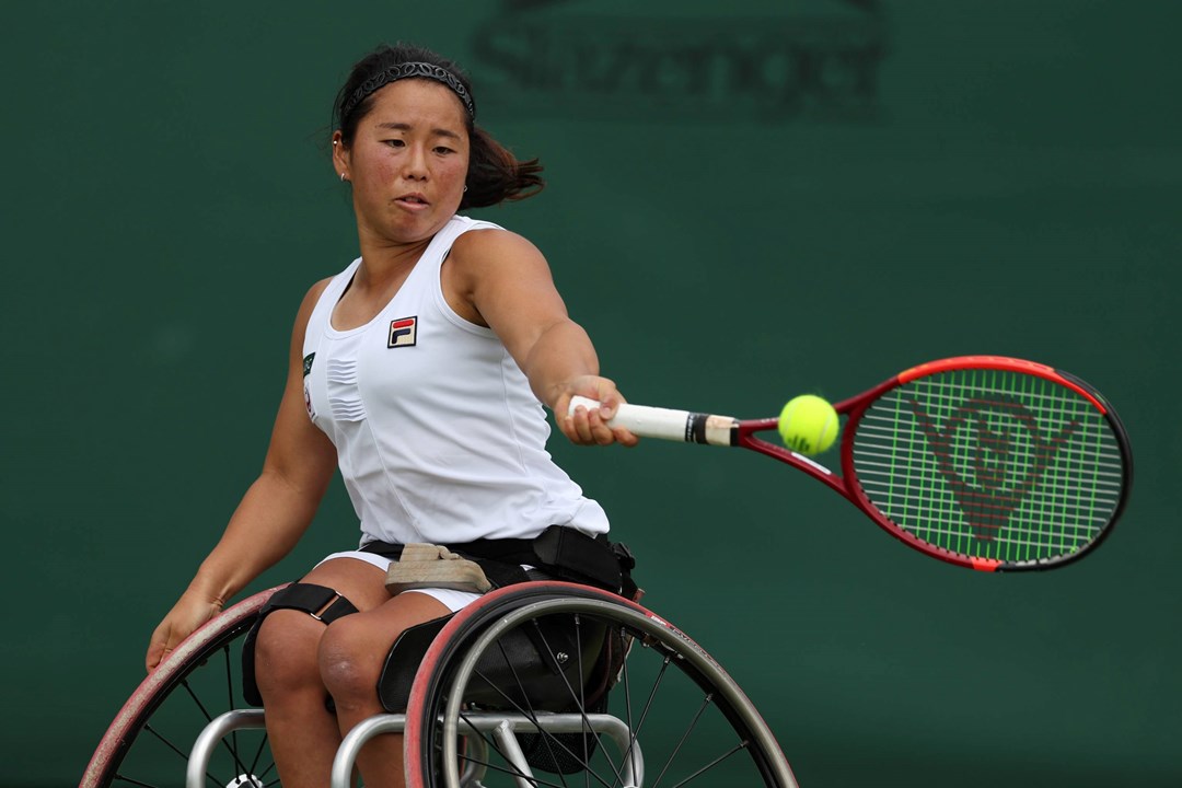 Japan's Yui Kamiji hitting a forehand at the Lexus British Open Roehampton