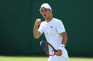 British junior Mark Ceban celebrates a point at the Lexus British Open Roehampton junior event