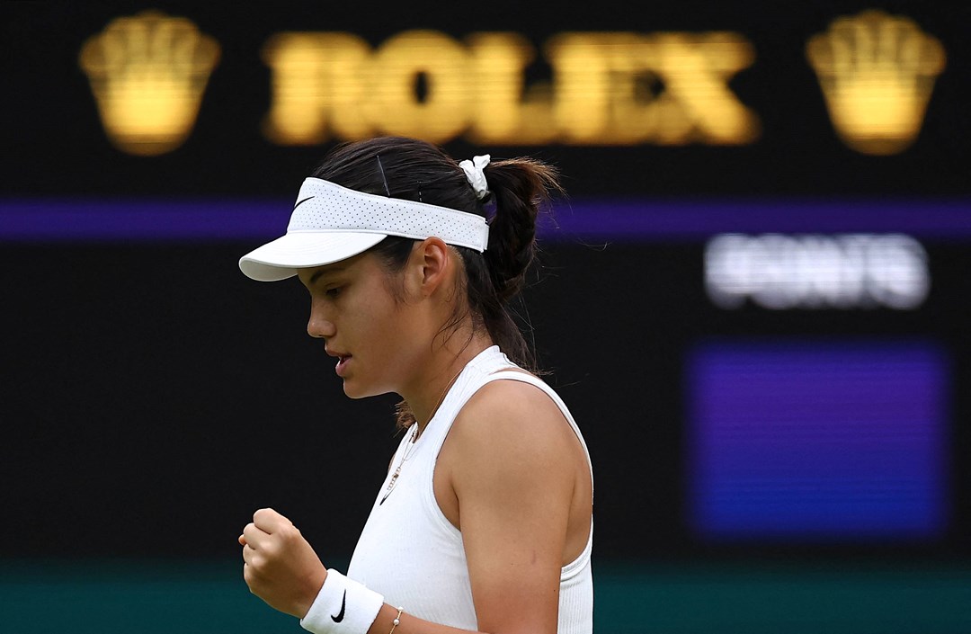 Emma Raducanu gives a fist pump during her fourth round match at Wimbledon