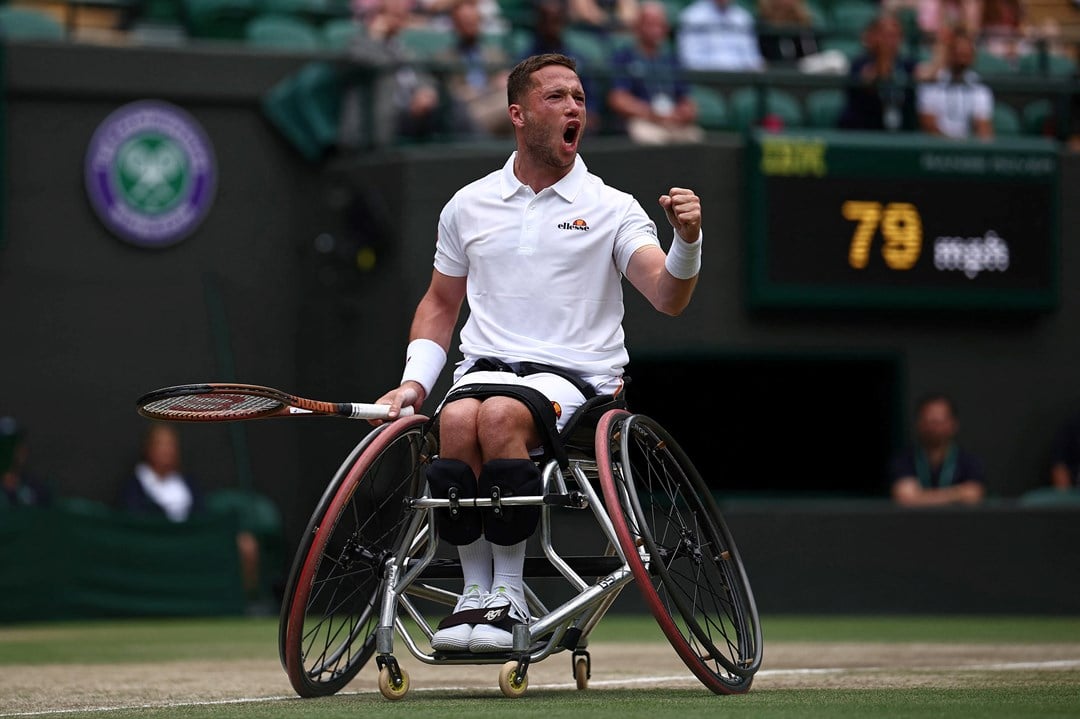 Alfie Hewett gives a roar in celebration during the wimbledon wheelchair men's singles final