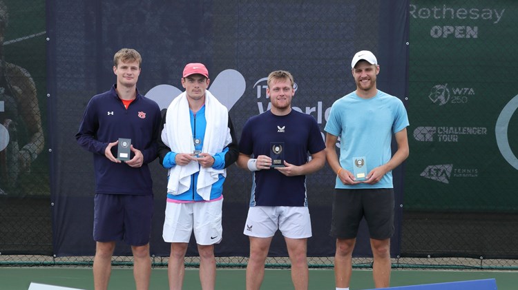 Finn Bass and Emile Hudd pictured with William Nolan and Jack Pinnington Jones during the trophy ceremony  at the the ITF World Tennis Tour M25 event in Nottingham.