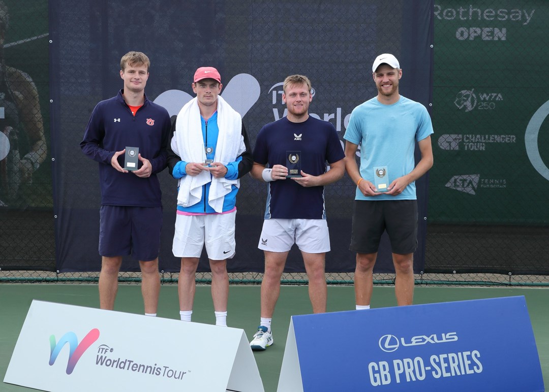 Finn Bass and Emile Hudd pictured with William Nolan and Jack Pinnington Jones during the trophy ceremony  at the the ITF World Tennis Tour M25 event in Nottingham.