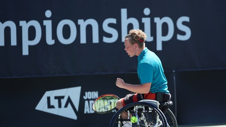 Ben Bartram celebrating winning a point during the finals of the Nottingham Futures men's singles tournament