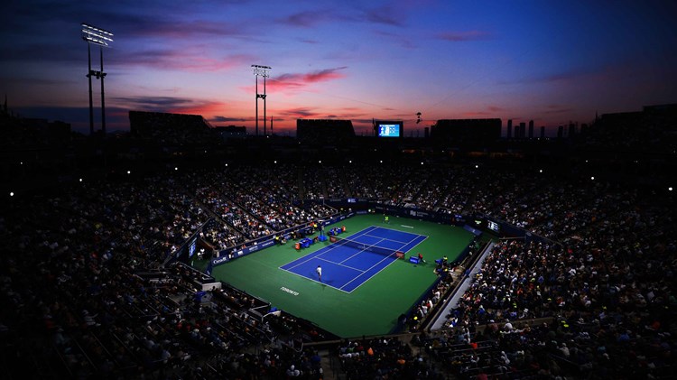 A general view of the court in Toronto, with the sun setting in the background