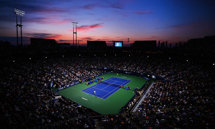 A general view of the court in Toronto, with the sun setting in the background