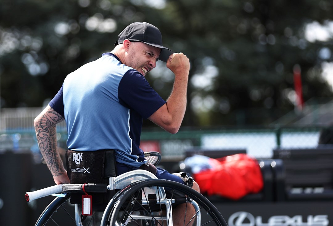 Andy Lapthorne of Great Britain celebrates victory against Heath Davidson of Australia during the Lexus British Open Wheelchair Tennis Championships at Lexus Nottingham Tennis Centre on August 02, 2023 in Nottingham, England. 