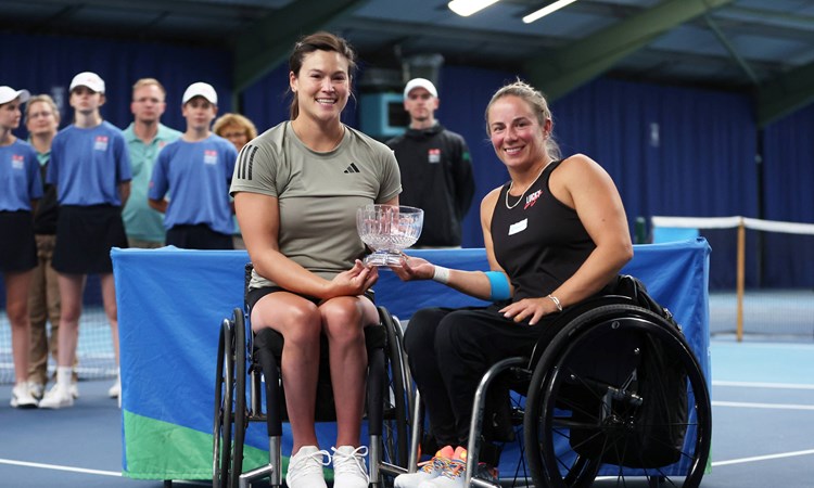 Dana Mathewson of United States and Lucy Shucker of Great Britain pose for a photo with the runners up trophy against Diede de Groot and Jiske Griffioen of Netherlands following the women's doubles final during the Lexus British Open Wheelchair Tennis Championships at Lexus Nottingham Tennis Centre on August 05, 2023 in Nottingham, England. 