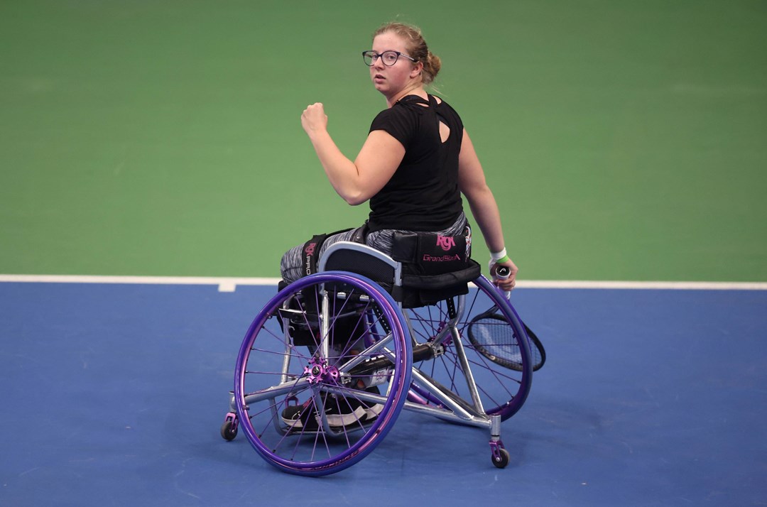 Abbie Breakwell celebrates winning a point at the Bolton ITF 3 wheelchair tennis tournament