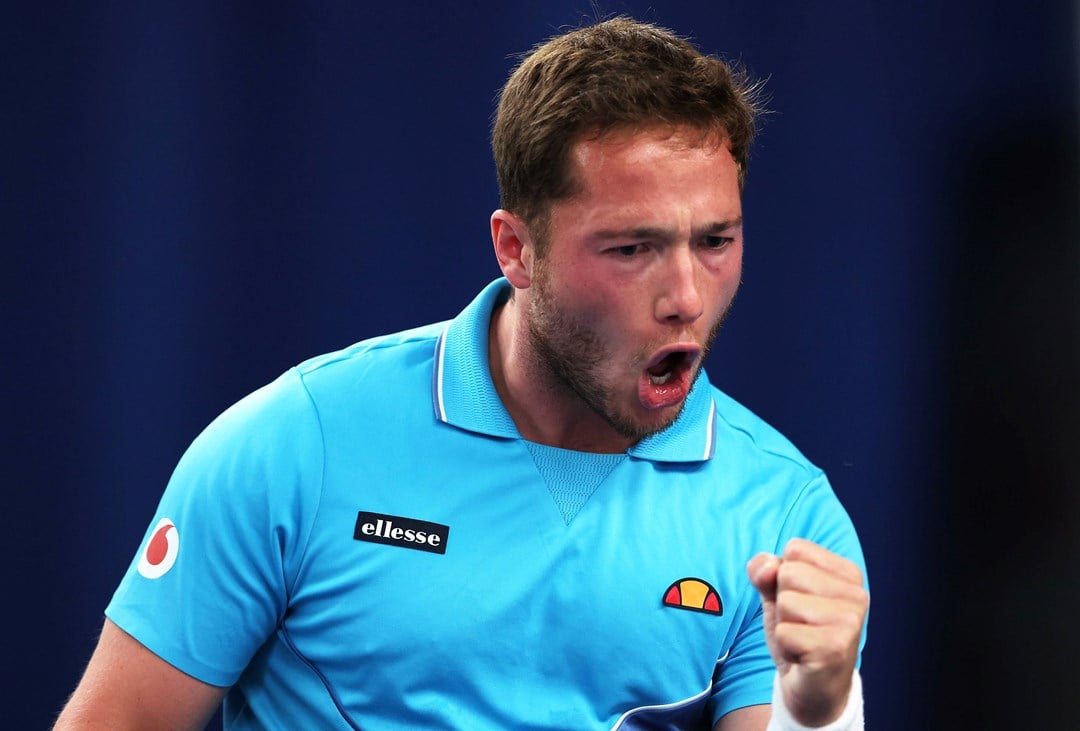 Alfie Hewett of Great Britain celebrates a point against Martin De La Puente of Spain in the men's single's semi final during the Lexus British Open Wheelchair Tennis Championships at Lexus Nottingham Tennis Centre on August 05, 2023 in Nottingham, England.