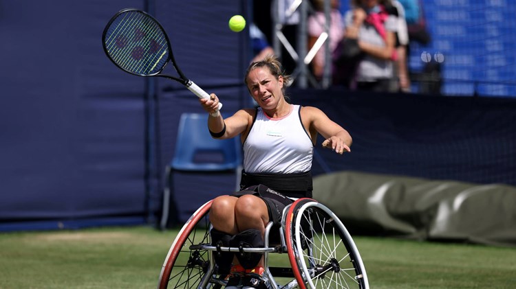 Lucy Shuker hits a forehand at the Rothesay International Eastbourne