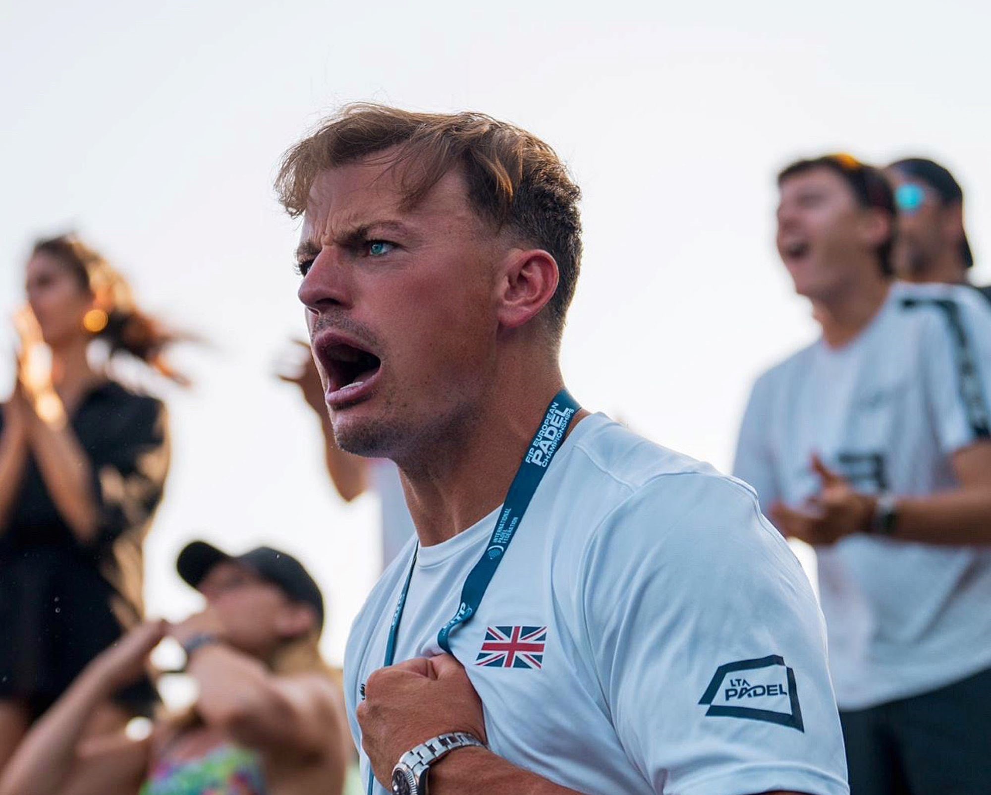 Frankie Langan cheers on the GB team during the European Padel Championships