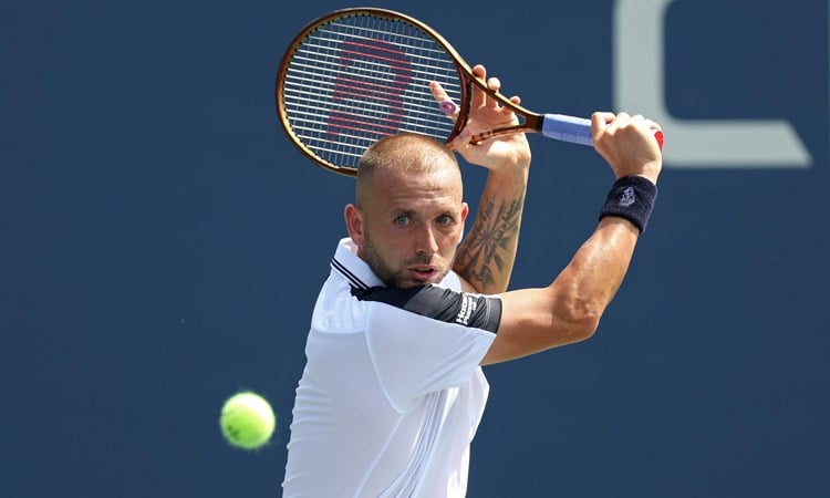 Dan Evans lines up a backhand in the opening round at the US Open