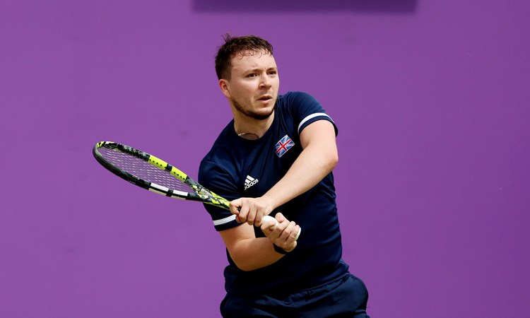 Fabrice Higgins of Great Britain plays a backhand against Mitchell James of Australia during the Learning Disability Singles match on Day Six of the cinch Championships at The Queen's Club on June 22, 2024 in London, England. 