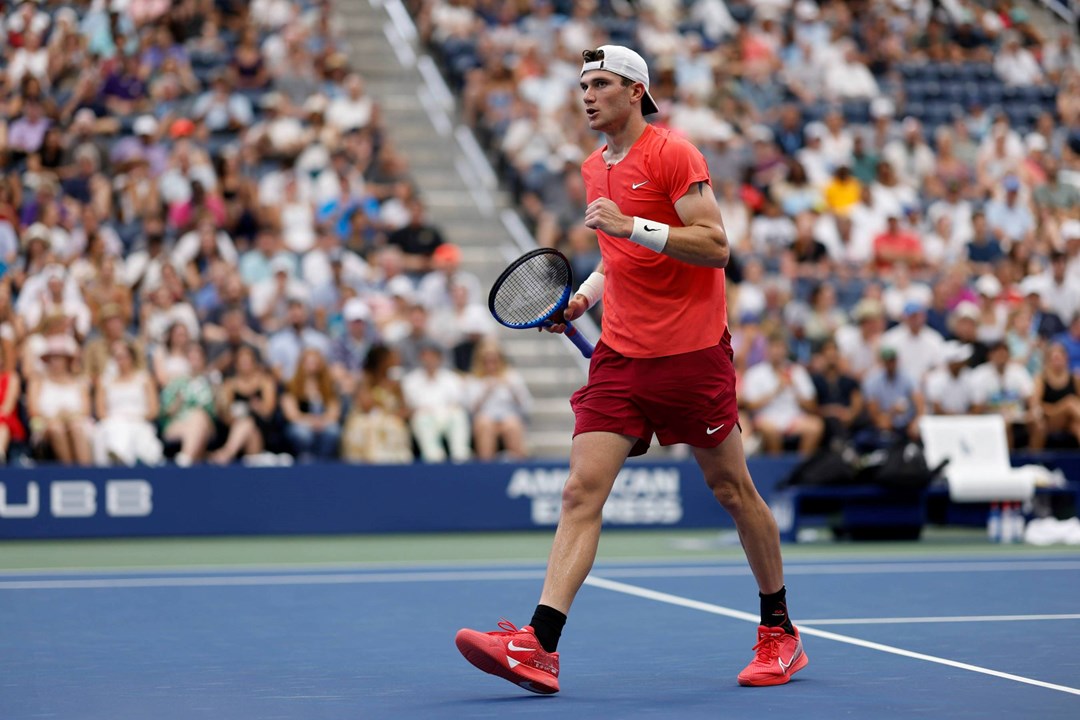 Jack Draper celebrates winning a point against Andrey Rublev at the US Open