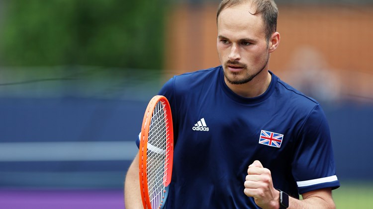 Dominic Iannotti of Great Britain celebrates against Archie Graham of Australia during the Learning Disability Singles match on Day Six of the cinch Championships at The Queen's Club on June 22, 2024 in London, England.