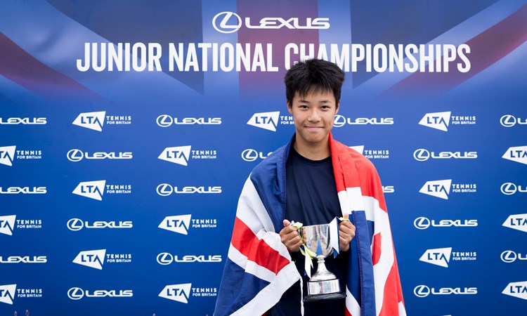 Ryan Szeto holding the 14U boys' singles trophy at the 2025 Lexus Junior National Championships