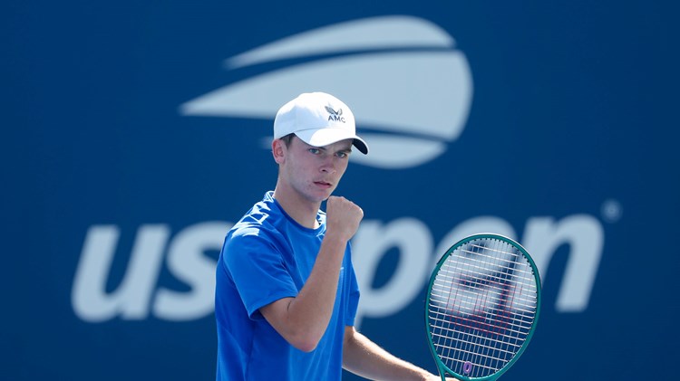 Great Britain's Charlie Robertson gives a fist pump in the boys' singles at the US Open